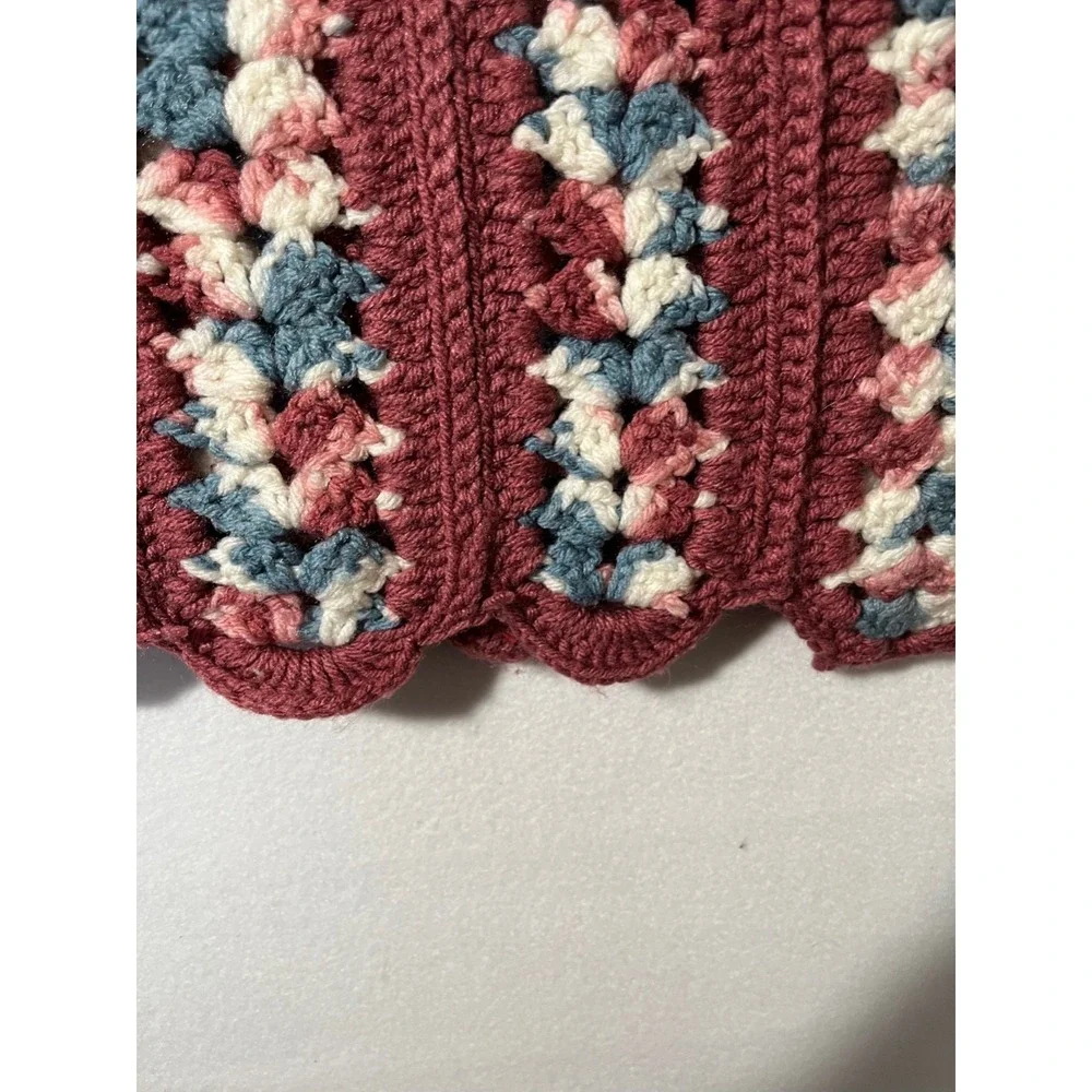 Vtg Handmade Crochet Afghan Throw Blanket Scallop Edge Blue Mauve White 46x68
